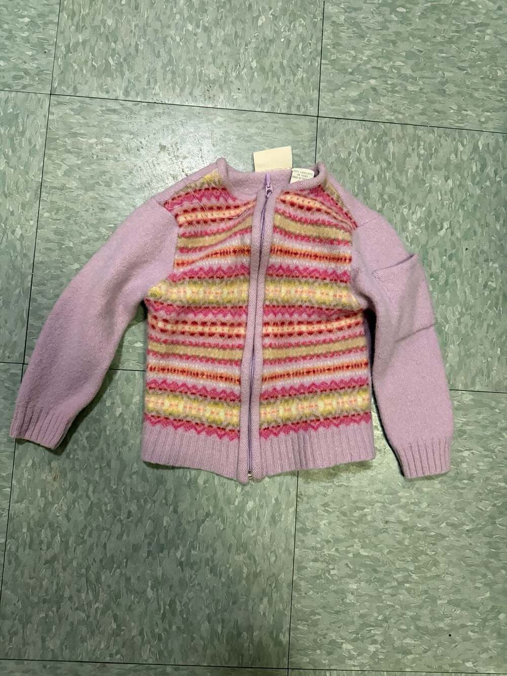 Vintage Heirlooms by Polly Flinders 100% Lambswool Pink Fair Isle Zip-Up Cardiga